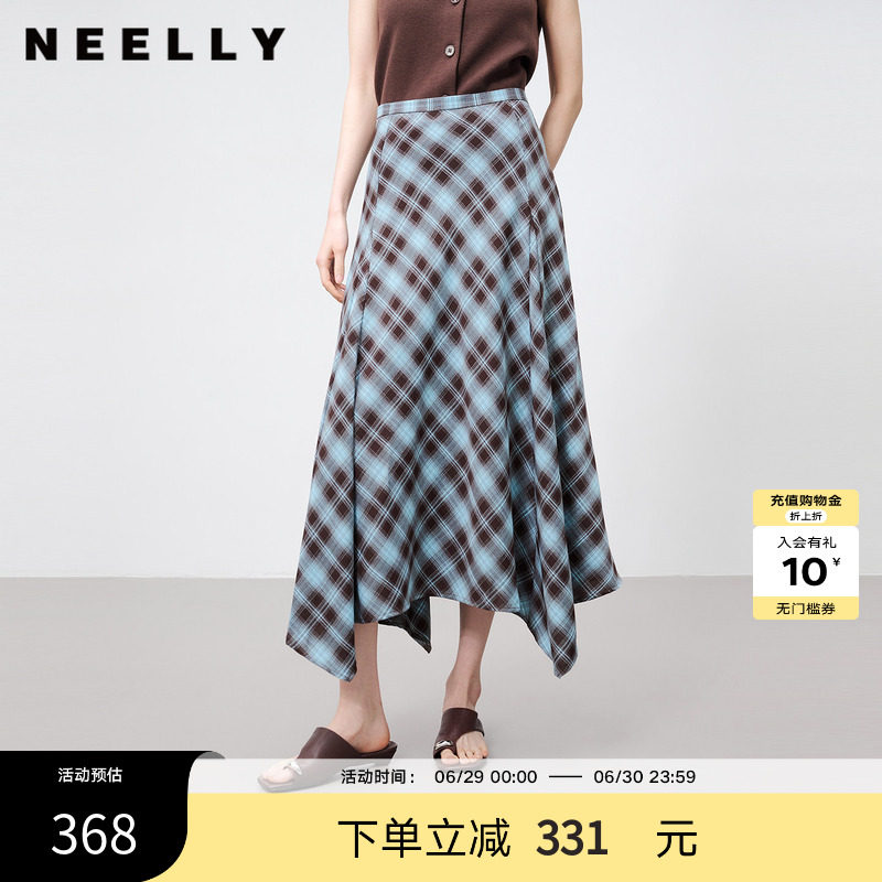 NEELLY纳俪商场同款夏新款蓝棕格纹半身裙女高腰显瘦不规则中长裙