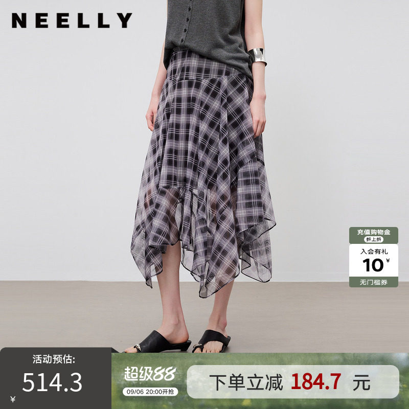 NEELLY纳俪商场同款夏新款设计感不规则格纹雪纺裙女百搭休闲半裙