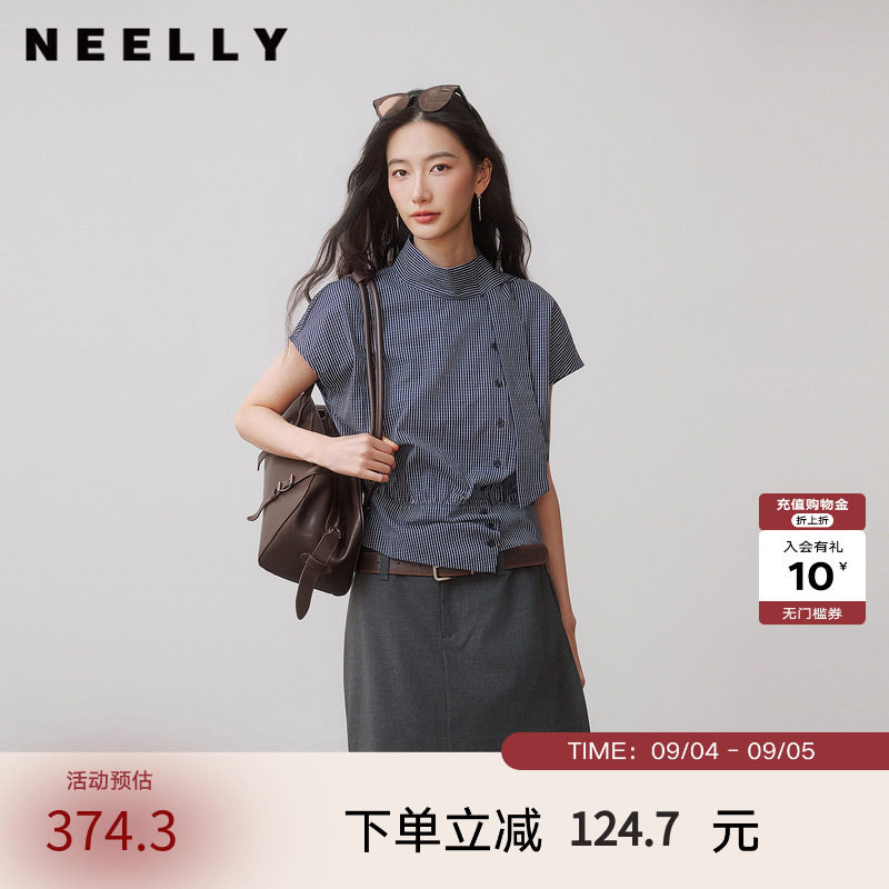 NEELLY纳俪商场同款秋季新款复古细格收腰短衬衫女不规则斜襟上衣