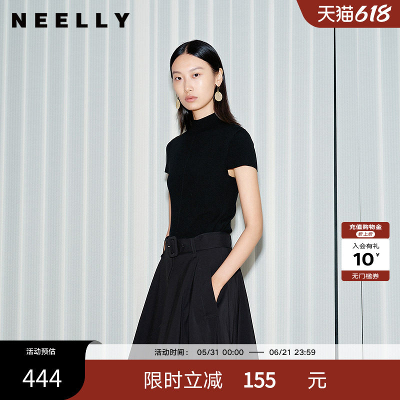 NEELLY纳俪商场同款夏季新款气质半高领短款针织衫女黑色修身上衣