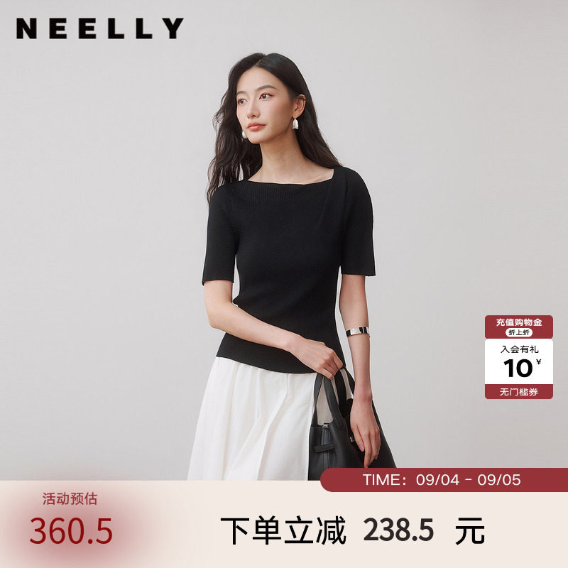 NEELLY纳俪商场同款秋季新款简约一字斜褶针织小衫女气质肌理短袖