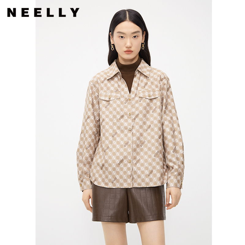 NEELLY纳俪商场同款假两件衬衫女冬季新款驼色棋盘格时尚百搭上衣