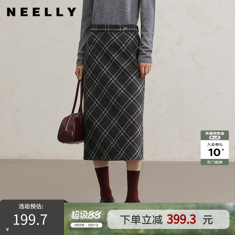 NEELLY纳俪商场同款冬新款复古格纹通勤半身裙女后开叉百搭针织裙