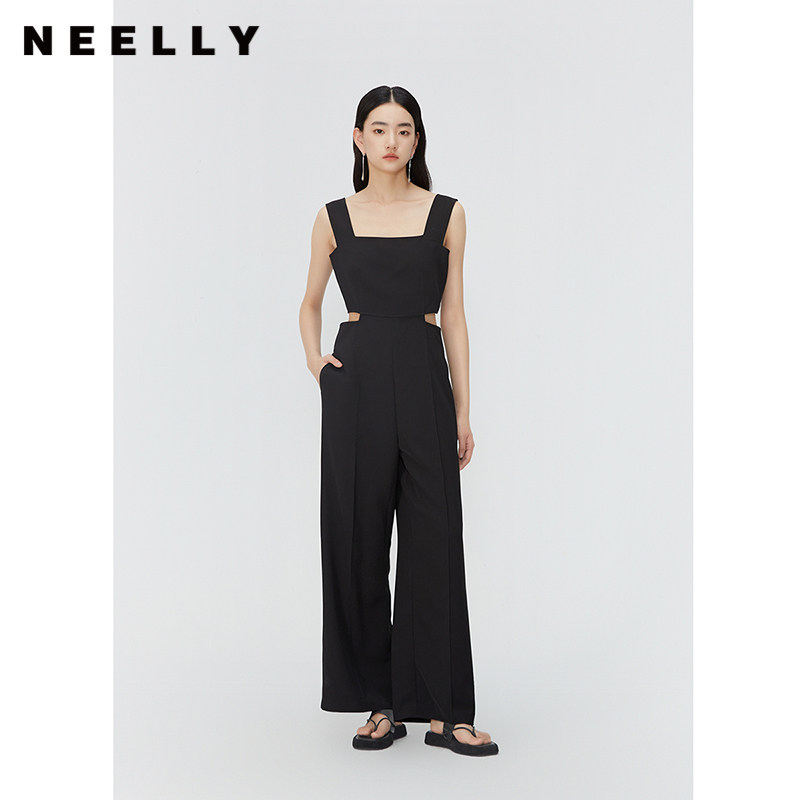 NEELLY纳俪商场同款夏新款黑色无袖镂空高腰连体裤女直筒垂感长裤