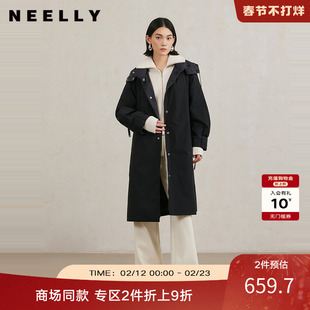 NEELLY纳俪商场同款冬季新款宽松立领连帽长款羽绒服女黑色通勤