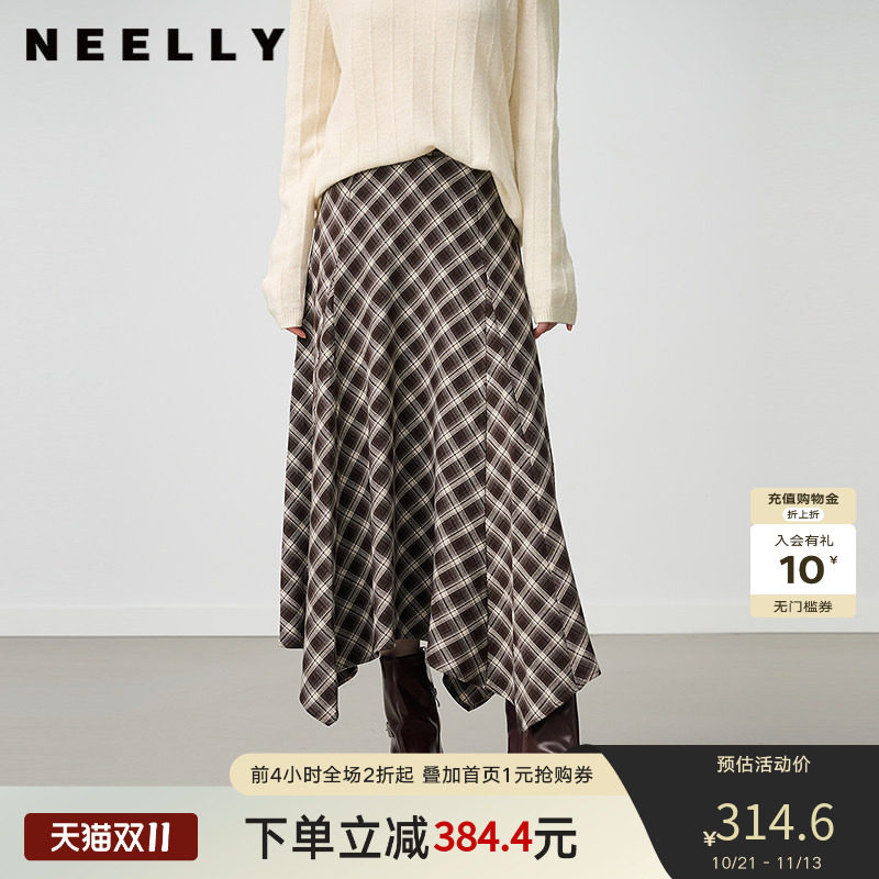 NEELLY纳俪商场同款冬新款不规则复古格纹高腰半身裙女百搭中长裙