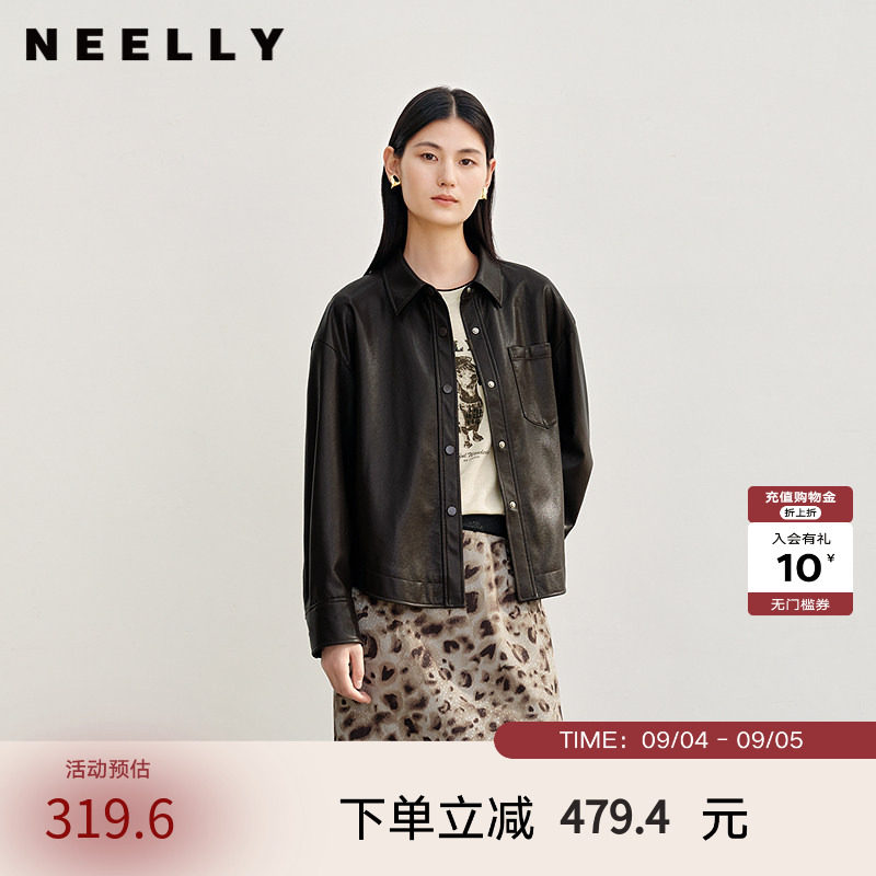 NEELLY纳俪商场同款春秋新款时尚宽松皮衣外套女百搭质感上衣