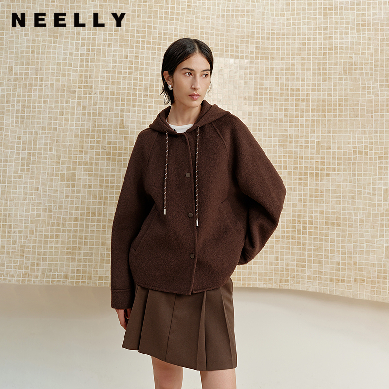 NEELLY纳俪商场同款冬季新款宽松休闲连帽双面呢女时尚复古外套
