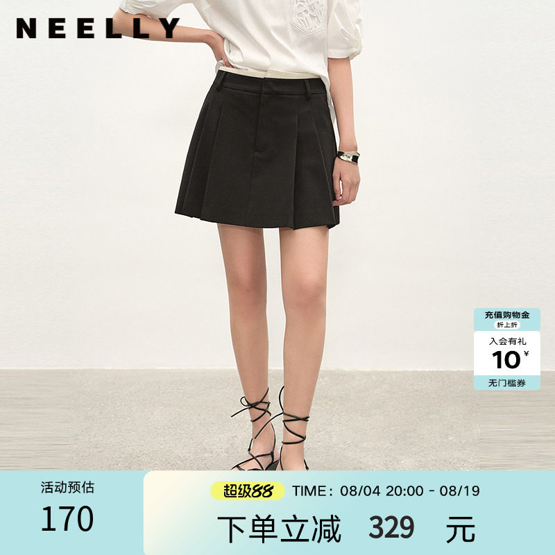 NEELLY纳俪商场同款夏季新款经典学院风百褶裙女显瘦遮胯百搭短裙