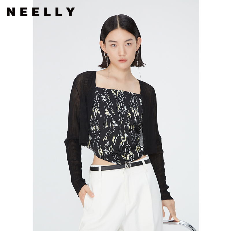 NEELLY纳俪商场同款夏季新款印花针织拼接吊带开衫女时尚显瘦上衣