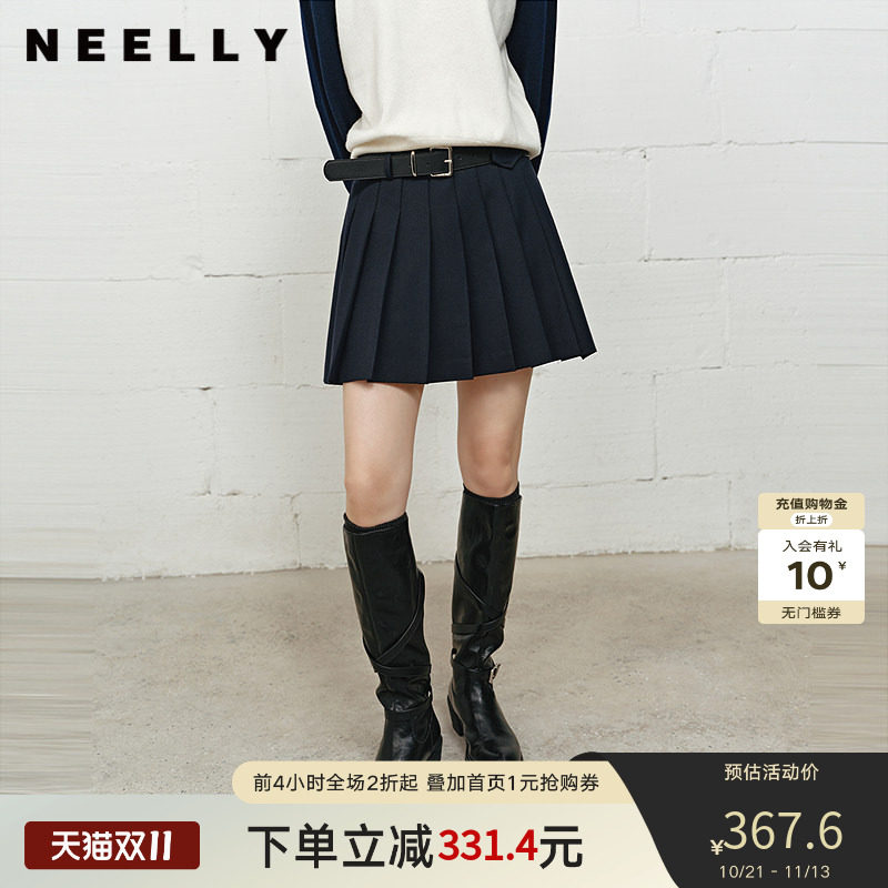 NEELLY纳俪商场同款冬季新款高腰显瘦百褶裙女学院风时髦百搭短裙