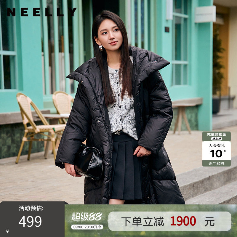 NEELLY纳俪商场同款冬季新款连帽立领中长款羽绒服女时尚简约通勤