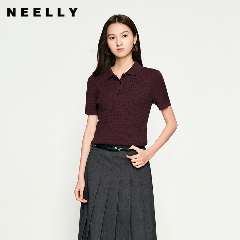 NEELLY纳俪商场同款秋冬新款纯色POLO领修身针织衫女显瘦短款上衣