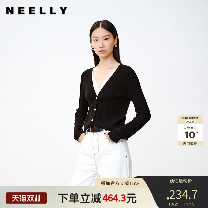 NEELLY纳俪商场同款秋冬新款撞色假两件V领针织衫女软糯舒适上衣