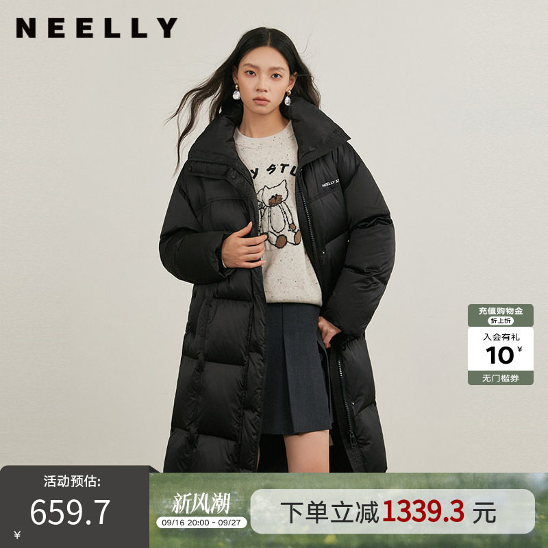 NEELLY纳俪商场同款冬新款气质直筒羽绒服女长款加厚保暖连帽外套