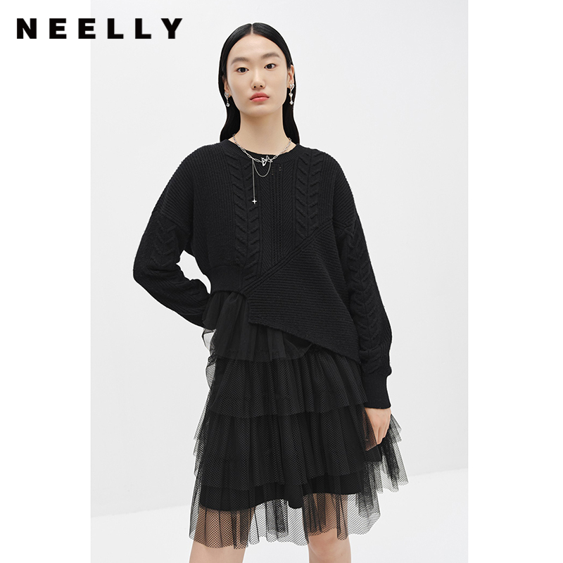 NEELLY纳俪商场同款针织拼接网纱连衣裙女中长款两件套设计蛋糕裙