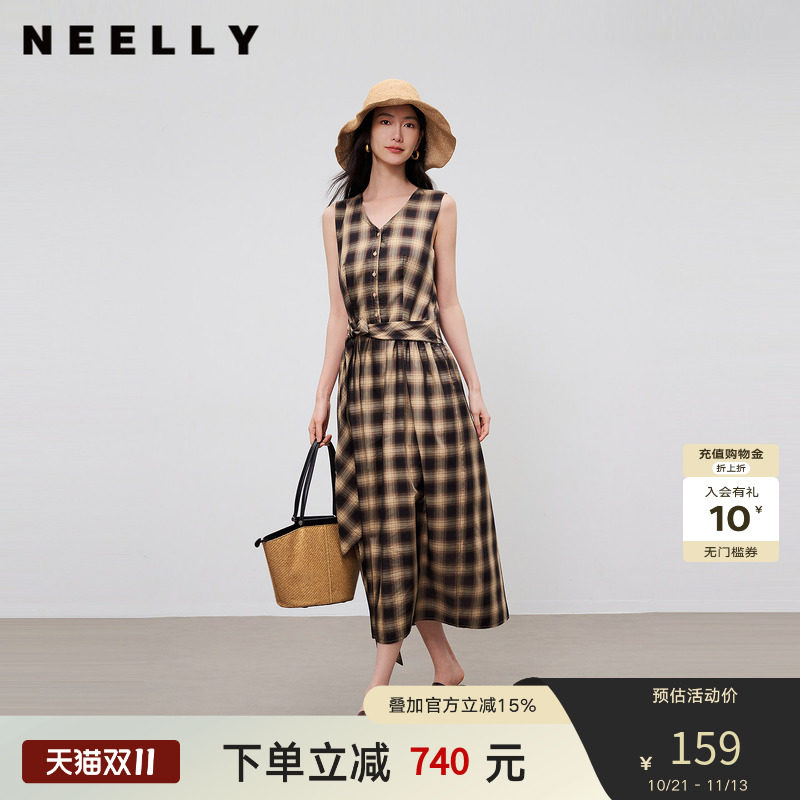 NEELLY纳俪商场同款夏季新款复古格纹无袖连衣裙女单排扣阔摆长裙