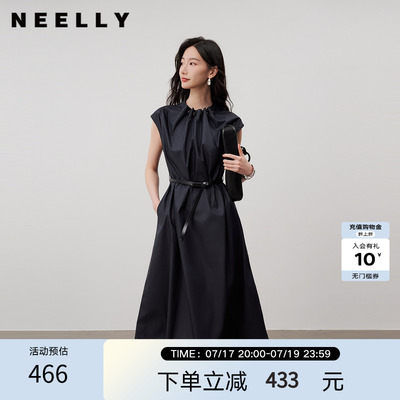 NEELLY纳俪商场同款夏季新款无袖收腰连衣裙女通勤显瘦抽绳款长裙