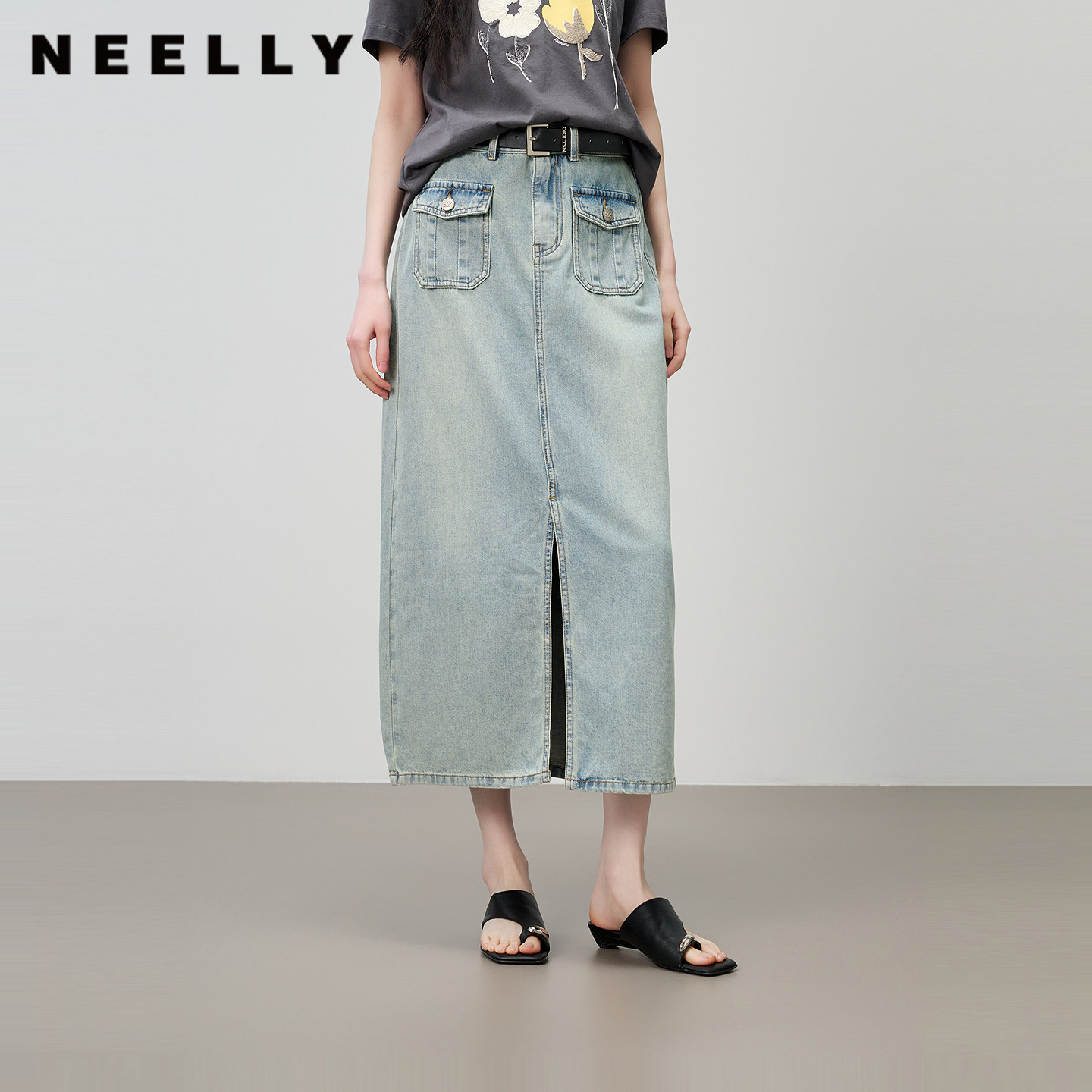 NEELLY纳俪商场同款夏季新款复古做旧牛仔半裙女休闲前开衩长裙