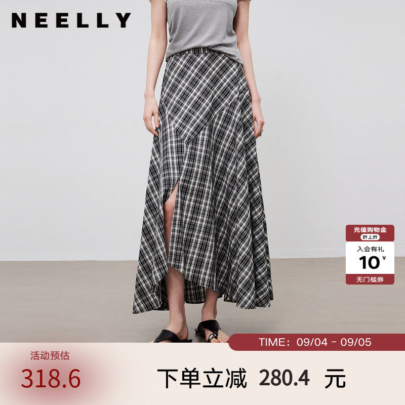 NEELLY纳俪商场同款夏新款不规则格纹开衩半裙女复古感大摆中长裙