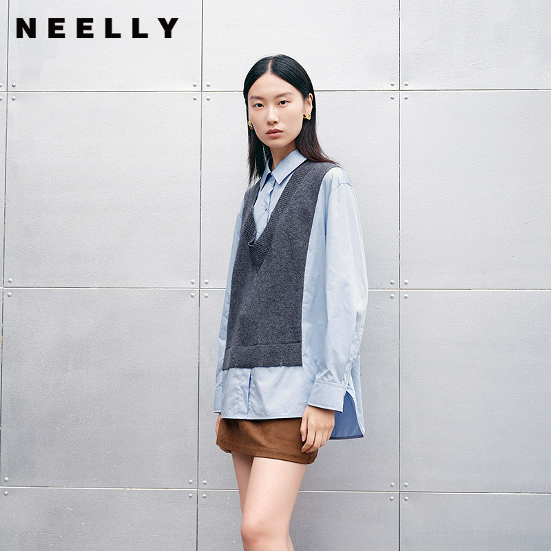 NEELLY纳俪商场同款春秋新款通勤假两件拼接衬衫女撞色设计感上衣
