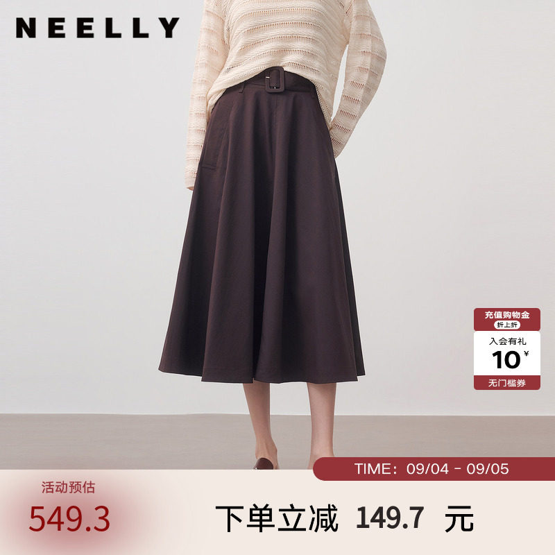 NEELLY纳俪商场同款秋季新款复古休闲大摆中长裙女百搭随性A字裙