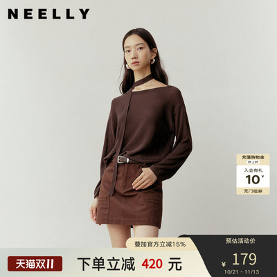 NEELLY纳俪商场同款秋新款复古挂脖飘带针织衫女休闲慵懒随性上衣