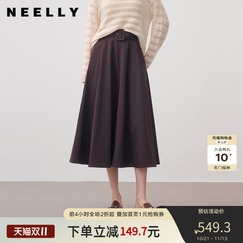 NEELLY纳俪商场同款秋季新款复古休闲大摆中长裙女百搭随性A字裙
