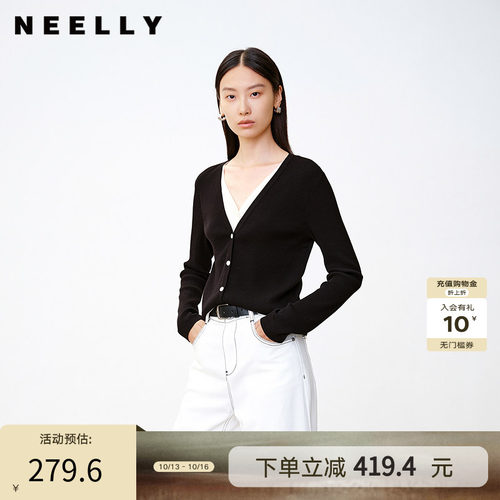 NEELLY纳俪商场同款秋冬新款撞色假两件V领针织衫女软糯舒适上衣