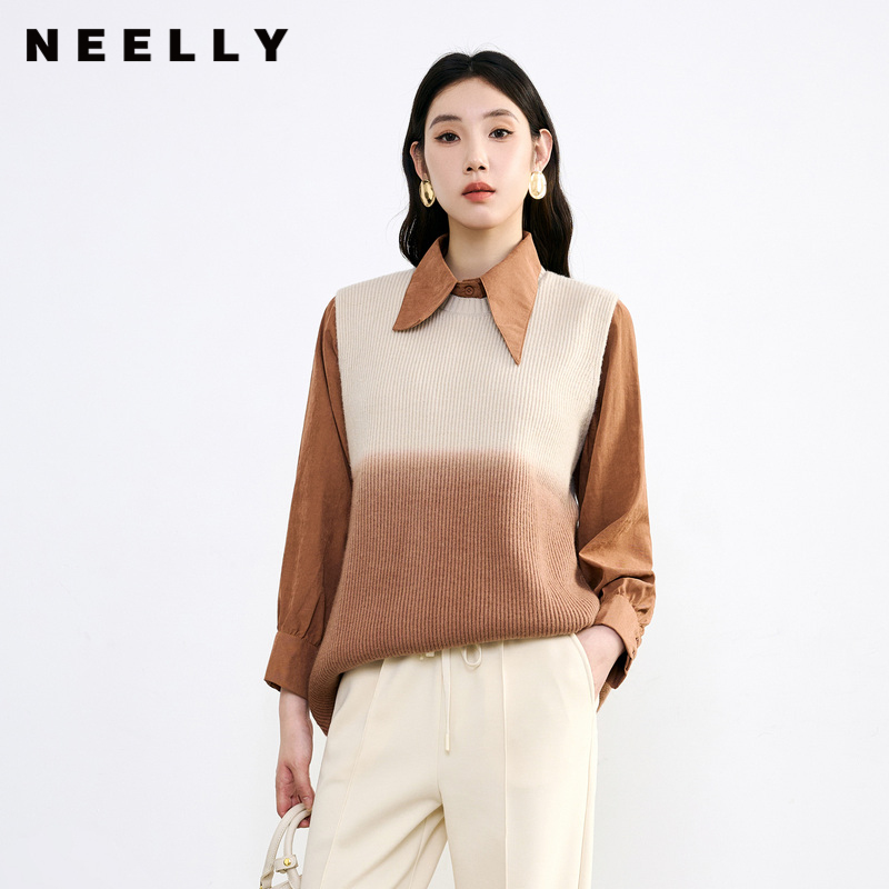 NEELLY纳俪渐变色针织衬衫两件套