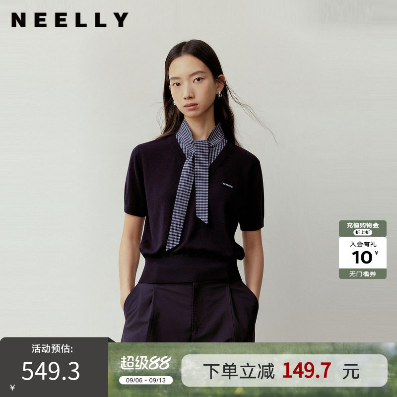 NEELLY纳俪商场同款秋季新款休闲通勤拼接短袖针织女复古宽松上衣