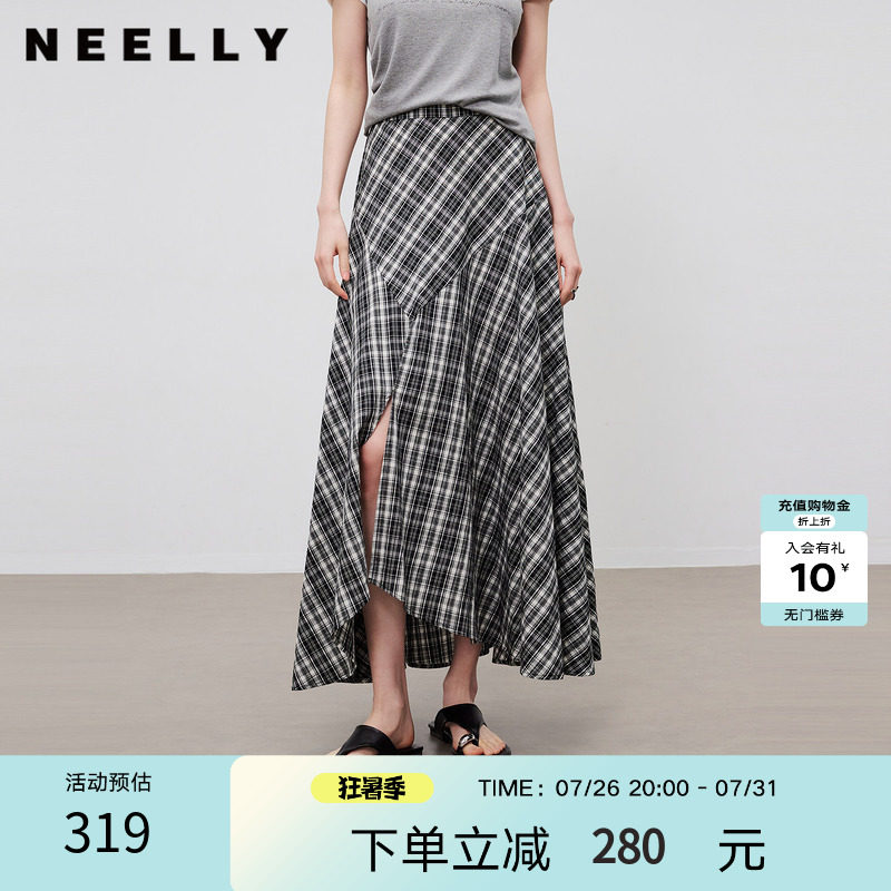 NEELLY纳俪商场同款夏新款不规则格纹开衩半裙女复古感大摆中长裙