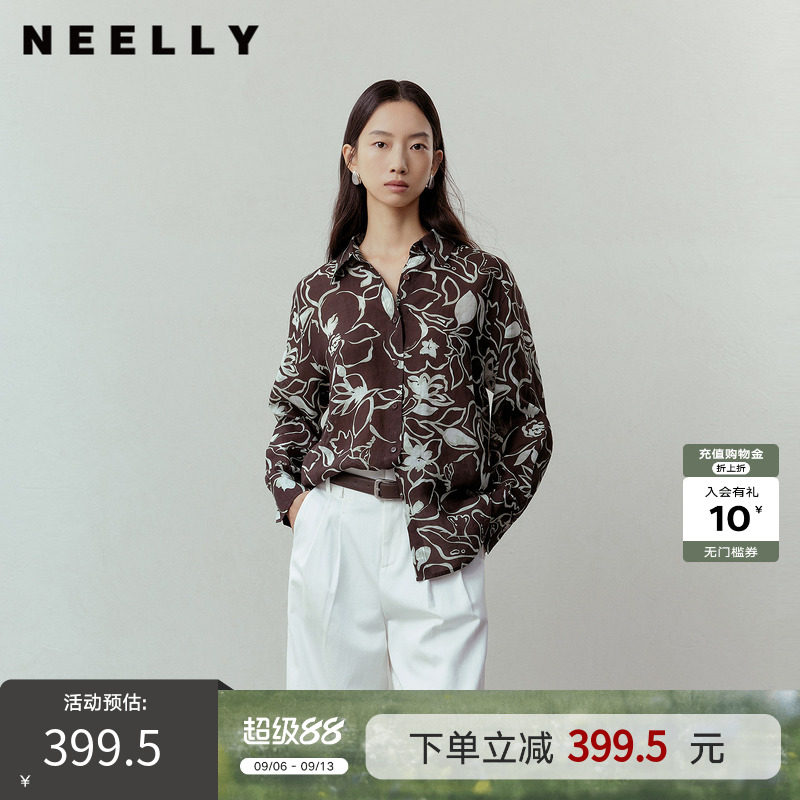 NEELLY纳俪商场同款春季新款复古植物印花衬衫女个性宽松休闲外套