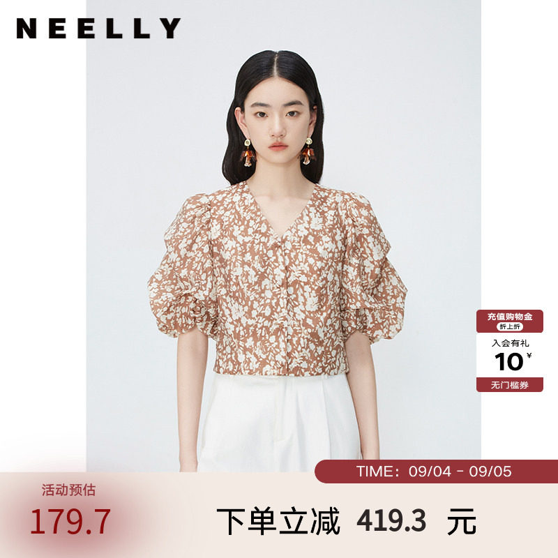 NEELLY纳俪商场同款秋季新款泡泡袖V领衬衫女碎花显白单排扣上衣