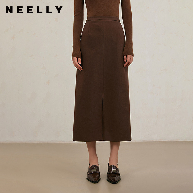 NEELLY纳俪商场同款冬新款通勤美拉德收腰显瘦半身裙女优雅中长裙