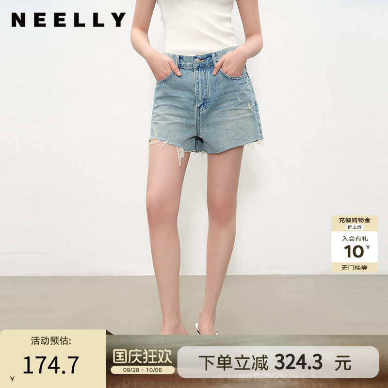 NEELLY纳俪商场同款夏新款个性水洗毛边牛仔短裤女百搭显瘦阔腿裤