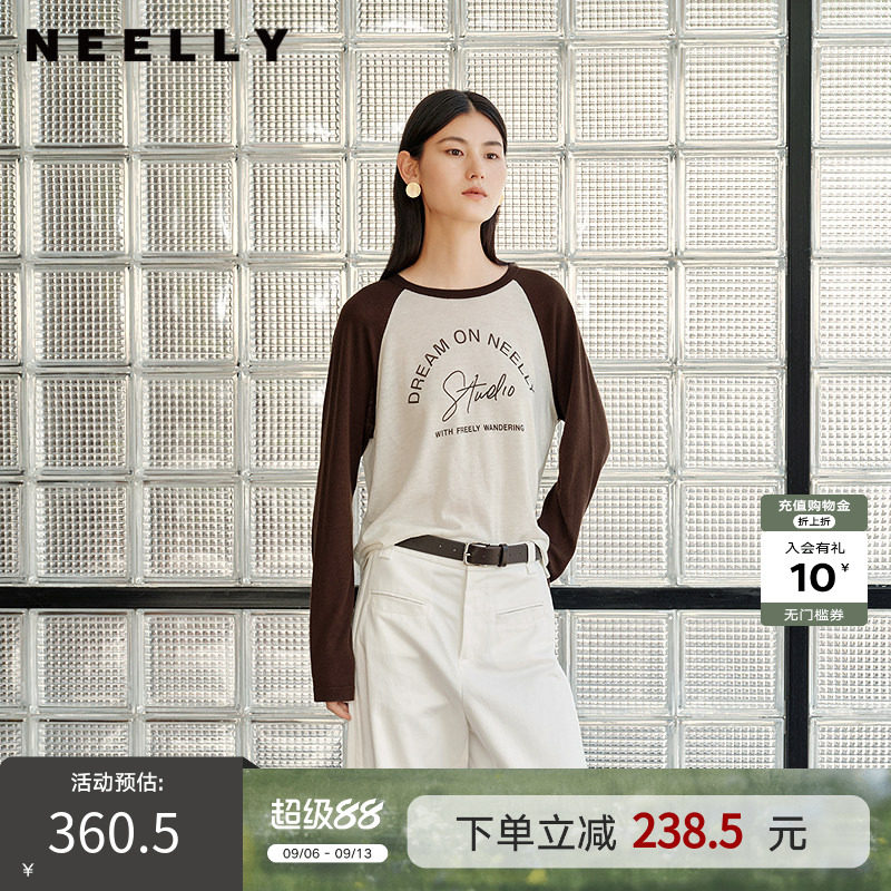 NEELLY纳俪商场同款秋季新款印花趣味撞色T恤女百搭插肩袖上衣