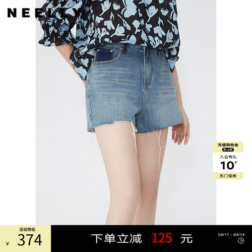 NEELLY纳俪商场同款夏季新款高腰复古显瘦牛仔短裤女百搭磨破短裤