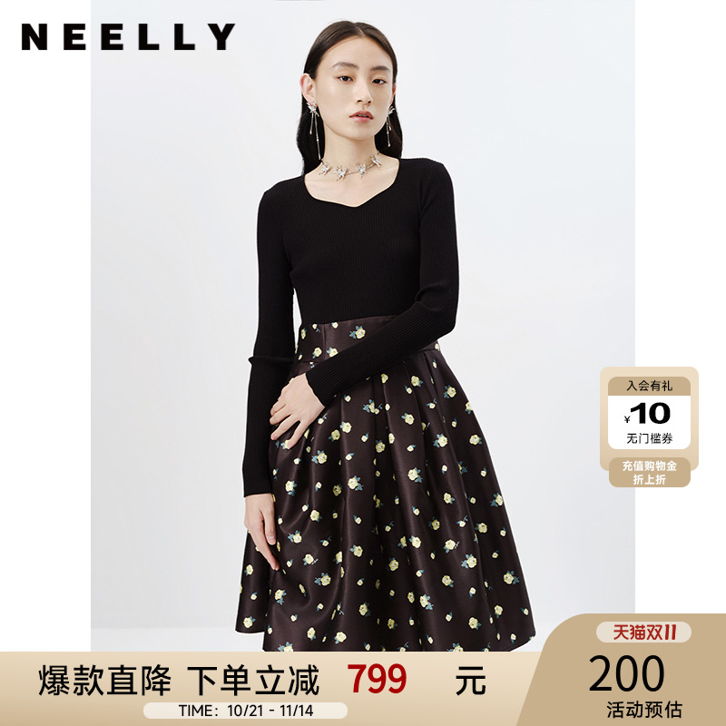 NEELLY纳俪秋季新款针织拼接连衣裙女韩版碎花A字中长款打底裙