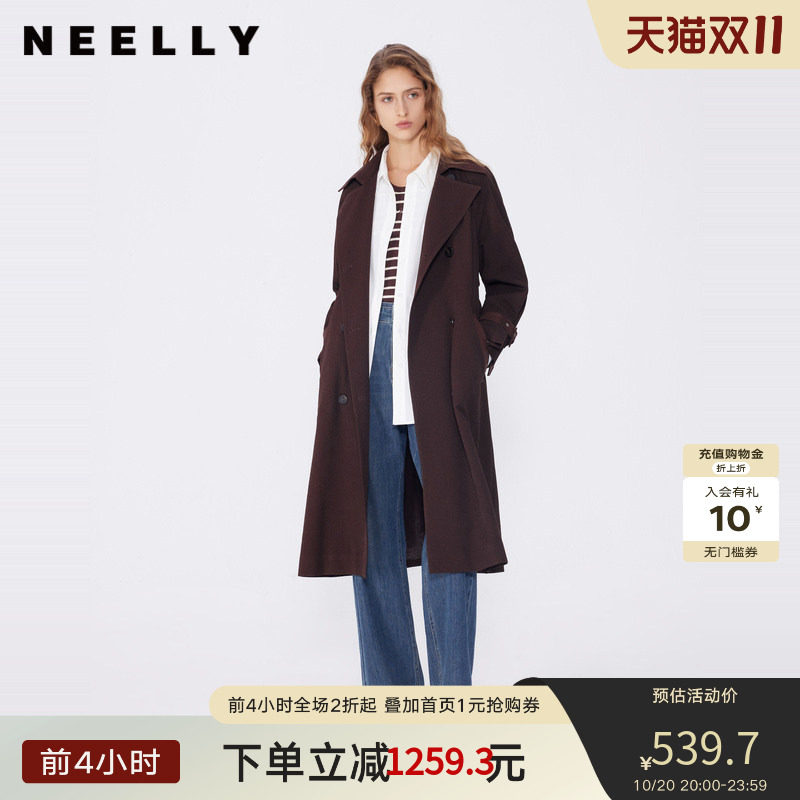 NEELLY纳俪春秋新款商场同款美拉德宽松双排扣风衣女复古长外套