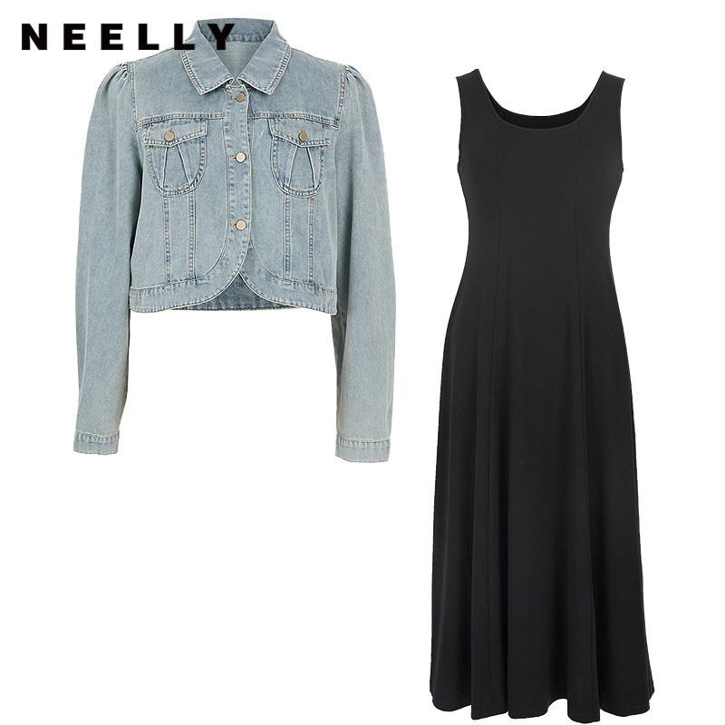 NEELLY纳俪商场同款春新款时尚休闲牛仔连衣裙套装女百搭舒适长裙