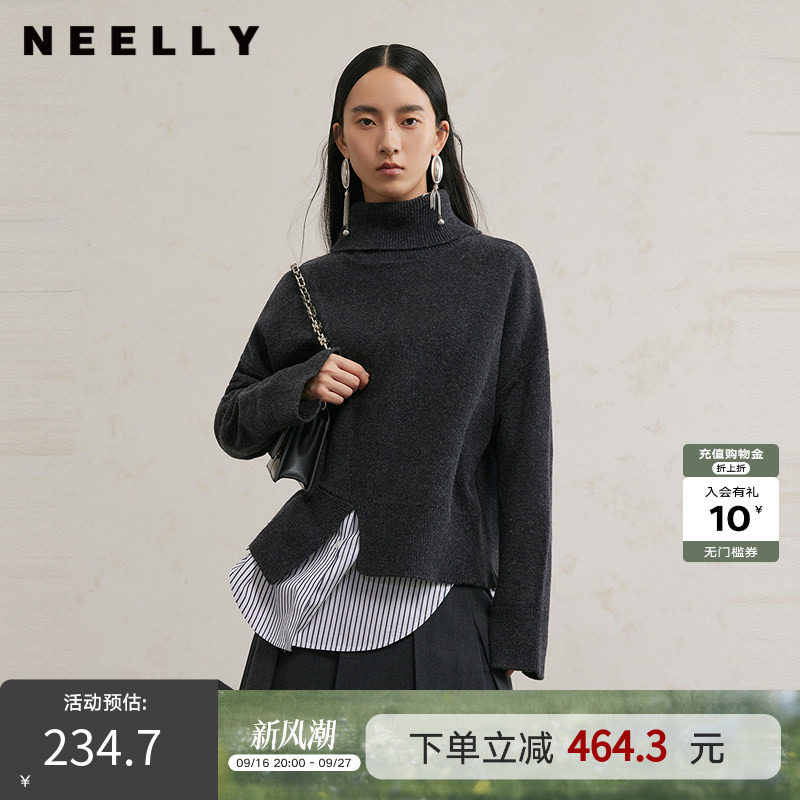 NEELLY纳俪商场同款冬季新款经典衬衫领开衩羊毛针织衫女宽松上衣