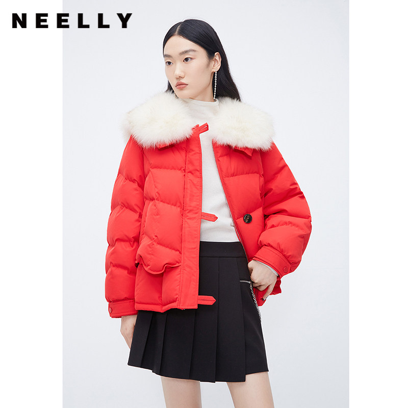 NEELLY纳俪商场同款今年流行红色短款羽绒服女狐狸毛领高级感外套