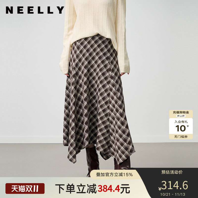 NEELLY纳俪商场同款冬新款不规则复古格纹高腰半身裙女百搭中长裙