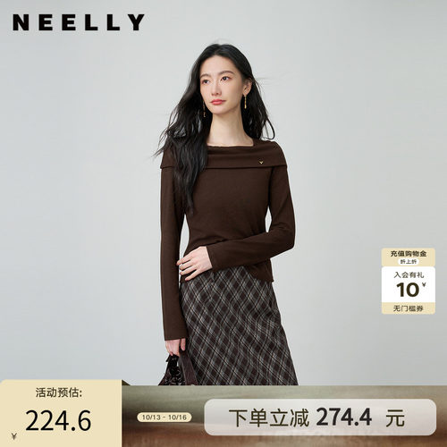 NEELLY纳俪商场同款秋季新款复古设计感针织衫女修身摩登感上衣