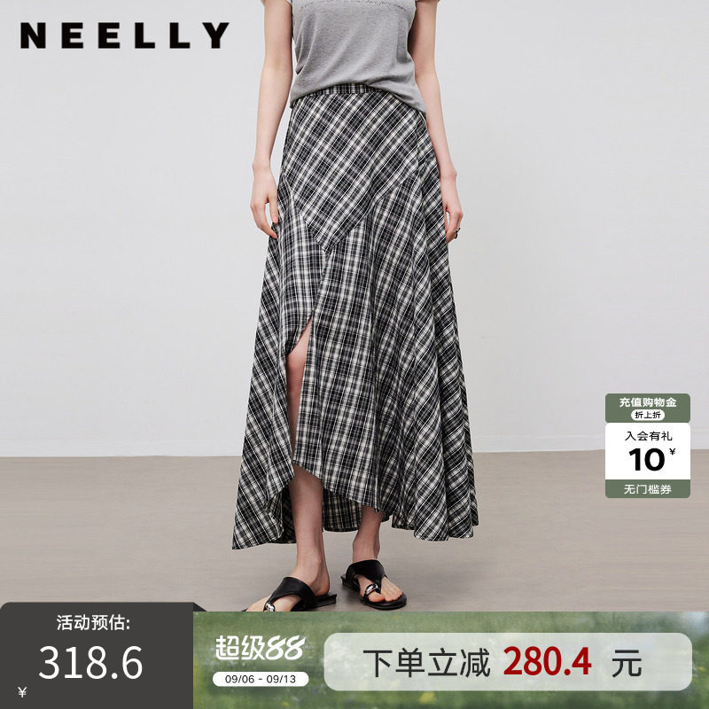 NEELLY纳俪商场同款夏新款不规则格纹开衩半裙女复古感大摆中长裙
