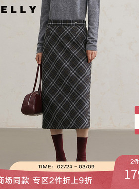 NEELLY纳俪商场同款冬新款复古格纹通勤半身裙女后开叉百搭针织裙