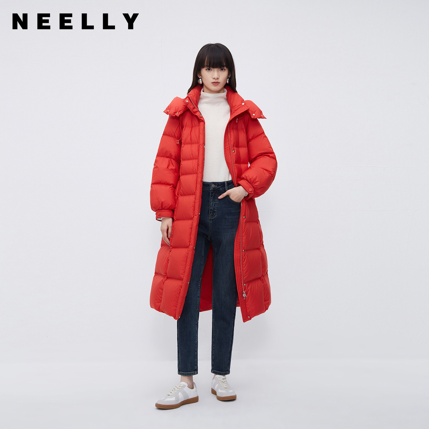 NEELLY纳俪商场同款韩版气质收腰羽绒服女中长款过膝保暖连帽大衣