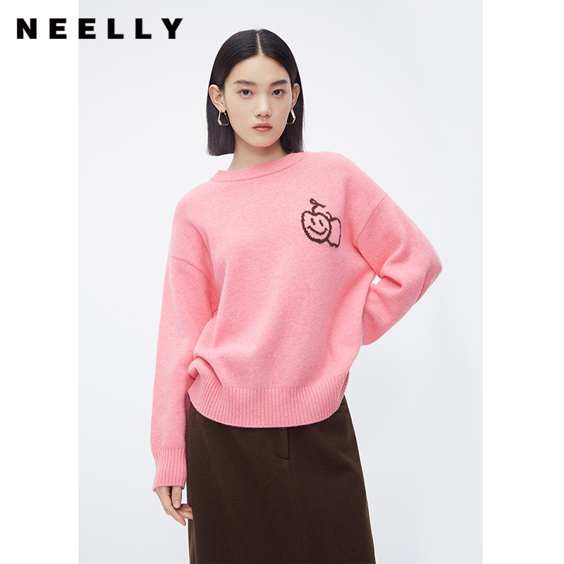 NEELLY纳俪商场同款100%绵羊毛针织衫女粉色甜美苹果笑脸设计毛衣