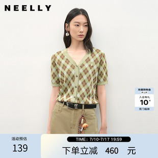 NEELLY纳俪商场同款夏新款V领格纹设计感针织开衫女撞色显白毛衣